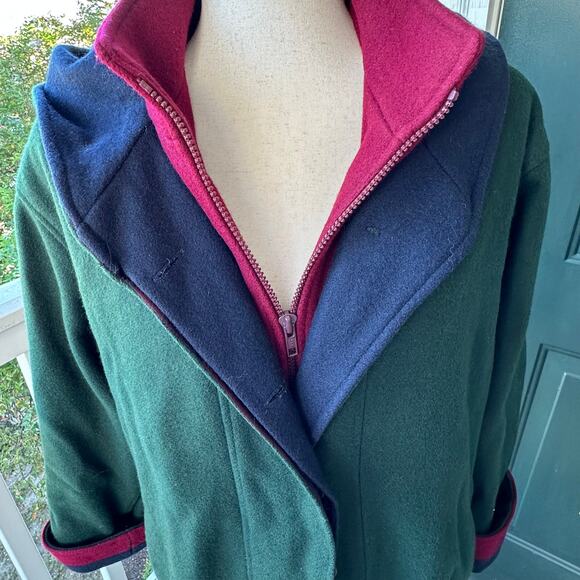Vintage Herman Kay Colorblock Wool Coat M Hooded 80s Rugby Style Forest Green - Picture 1 of 10